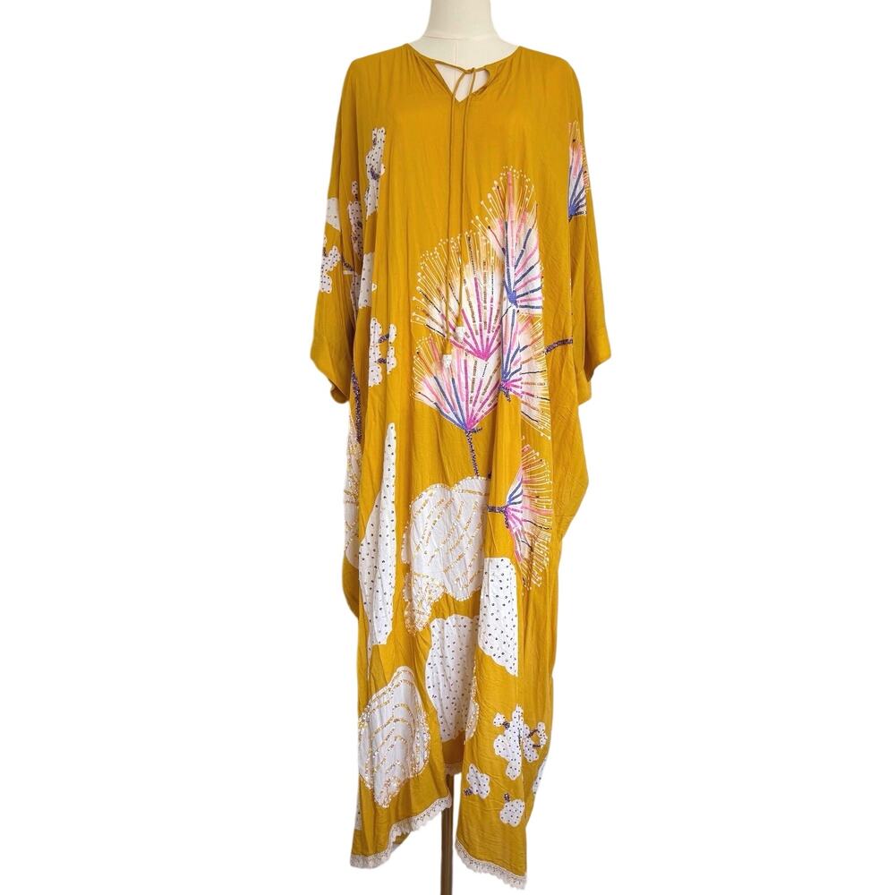 Verandah (OS) Ochre Mono Embellished Beaded Kaftan Cover Up Dress Resort AW002